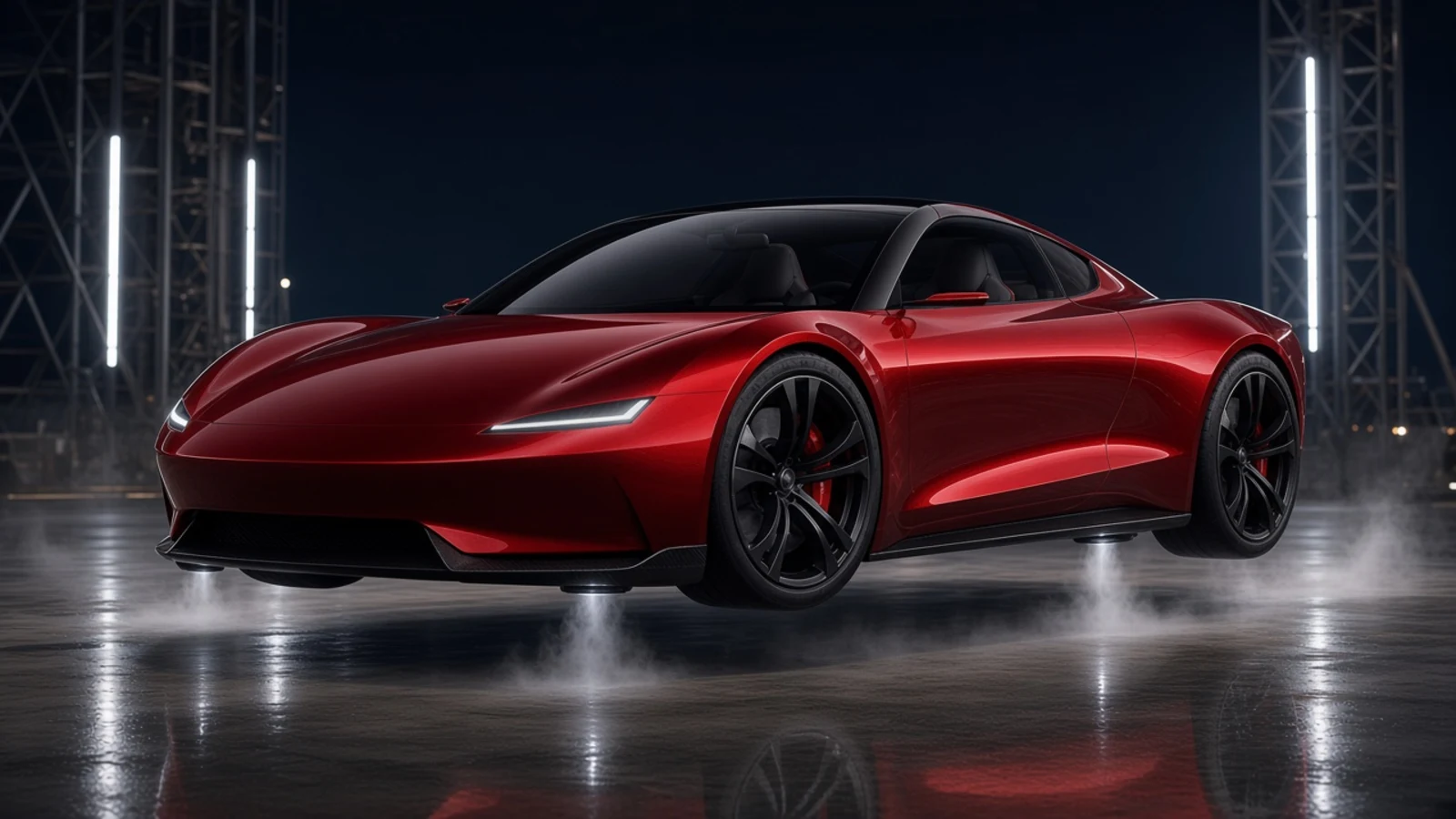 概念渲染图：红色 Tesla Roadster 式 targa 轿跑停在夜间火箭试验场，四角喷出冷气白雾