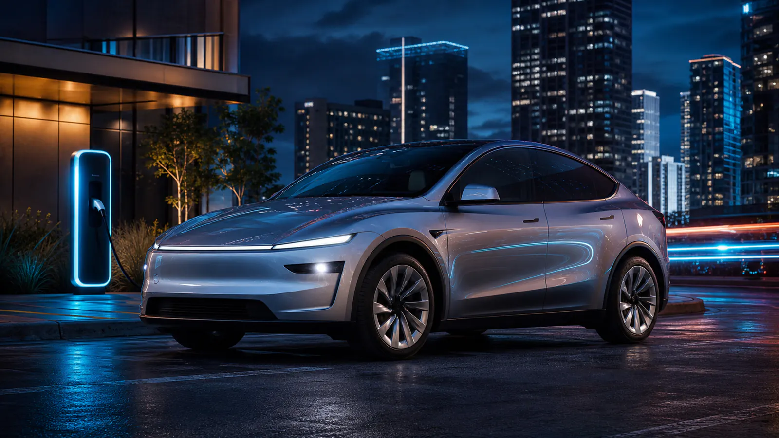 Project render of the new Model Y beside abstract Tesla Summer Update light trails