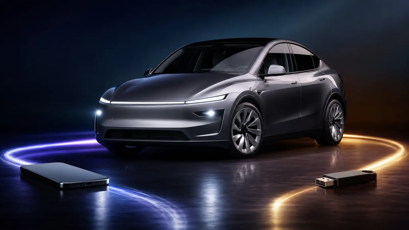 Project render of the new Model Y between conceptual mobile and USB wrap transfer paths