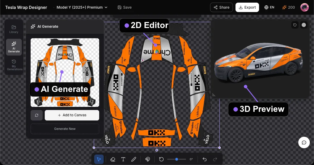 Utforska Tesla wrap-design, hitta inspiration i galleriet eller skapa din egen med AI. Se designen på en Tesla-modell i 3D och ladda ner PNG-filen.