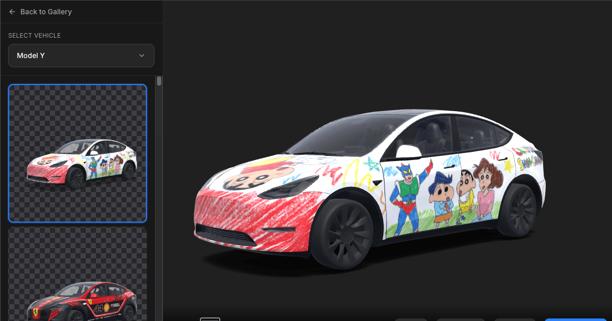 3D preview showing a wrap applied to Model Y