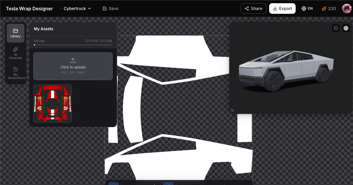 Cybertruck wrap editor with 3D preview and UV template