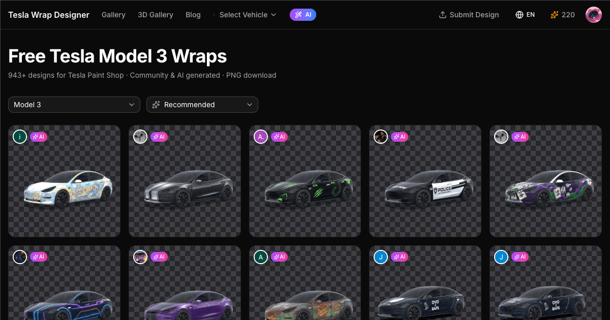 Model 3 wrap designs in the gallery